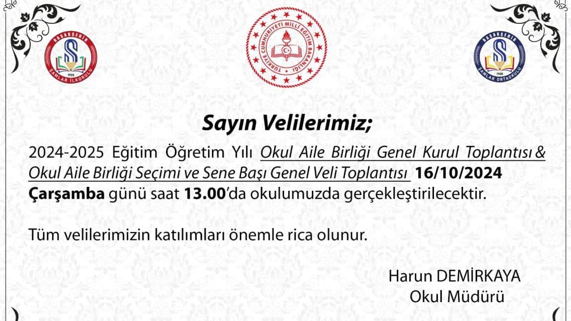 16 Ekim Çarşamba Günü Veli Toplantısı ve Okul Aile Birliği Seçimi